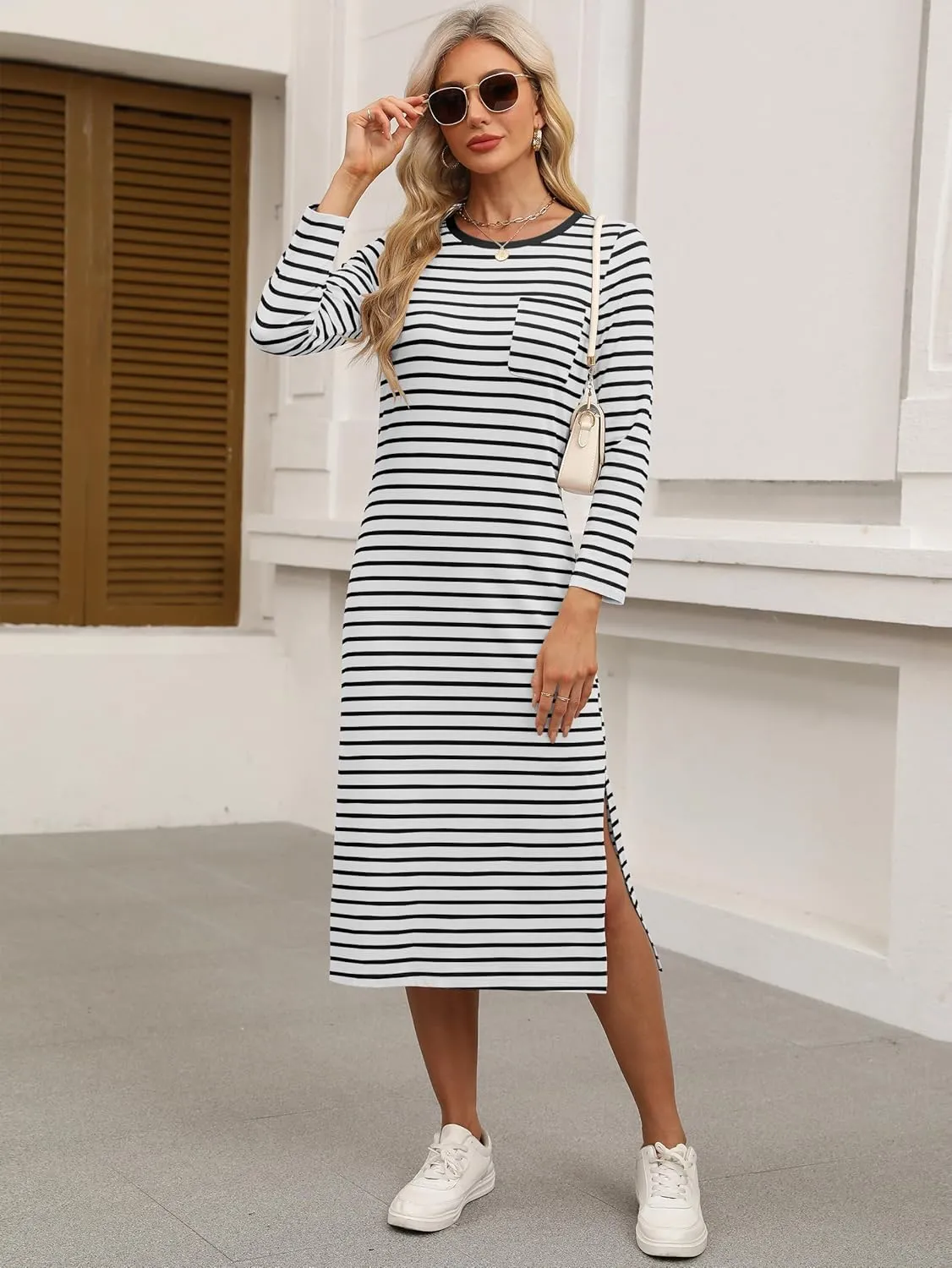 ANRABESS Women 3/4 Long Sleeve Crewneck Striped Casual Slit T Shirt Midi Dresses with Pockets Spring Fall Fashion
