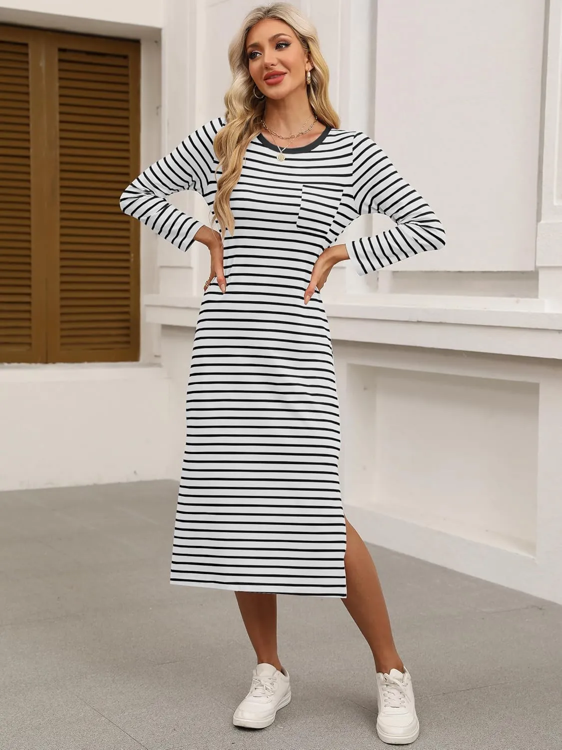 ANRABESS Women 3/4 Long Sleeve Crewneck Striped Casual Slit T Shirt Midi Dresses with Pockets Spring Fall Fashion