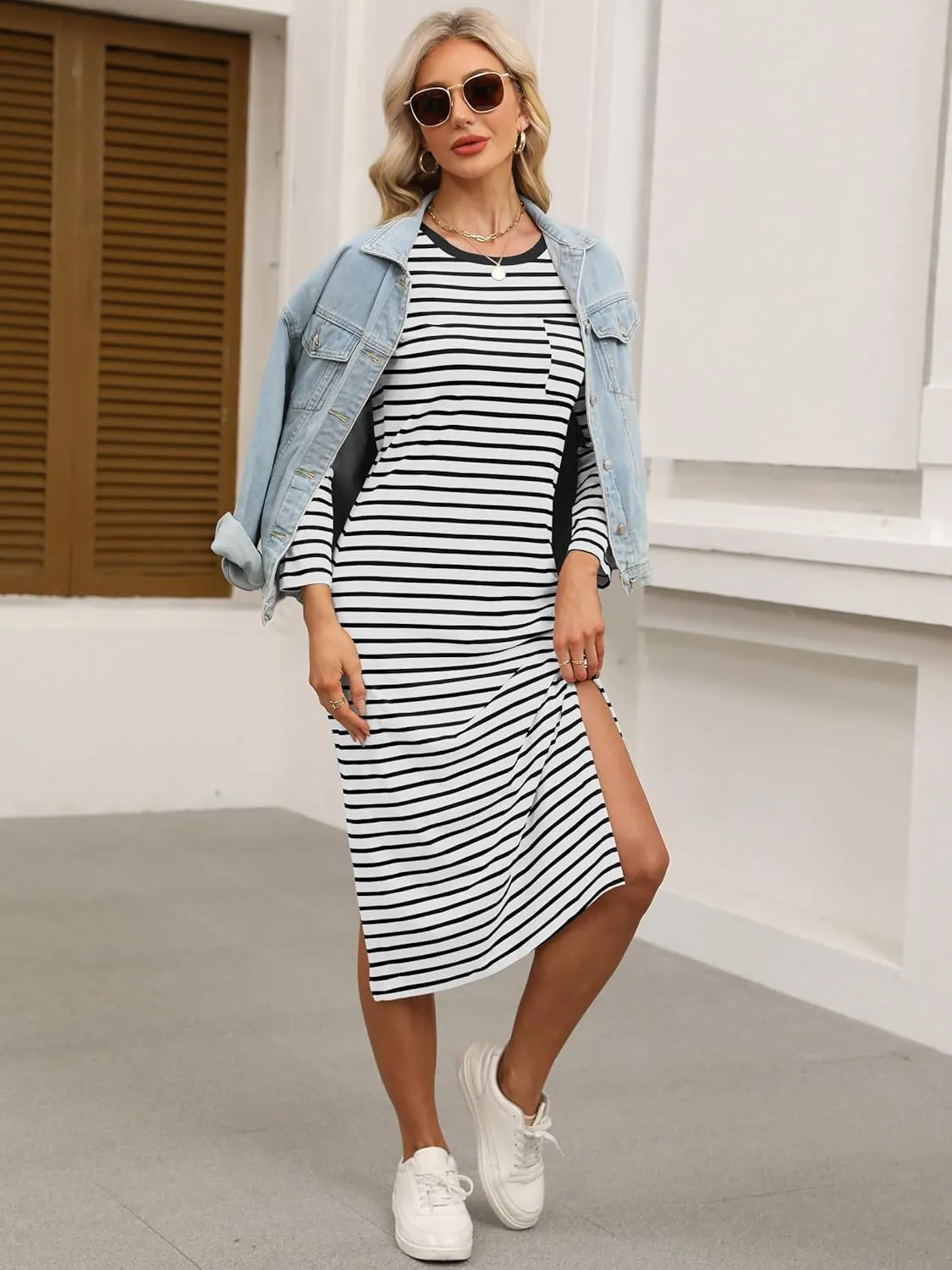 ANRABESS Women 3/4 Long Sleeve Crewneck Striped Casual Slit T Shirt Midi Dresses with Pockets Spring Fall Fashion