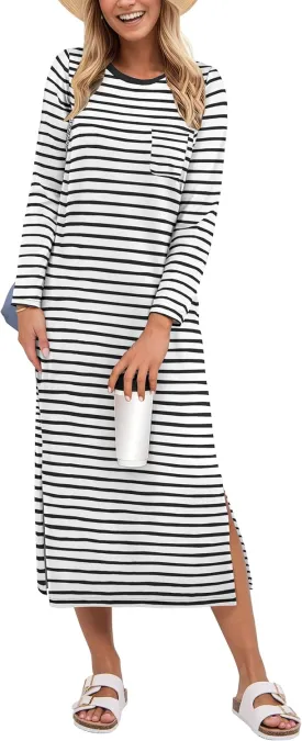 ANRABESS Women 3/4 Long Sleeve Crewneck Striped Casual Slit T Shirt Midi Dresses with Pockets Spring Fall Fashion