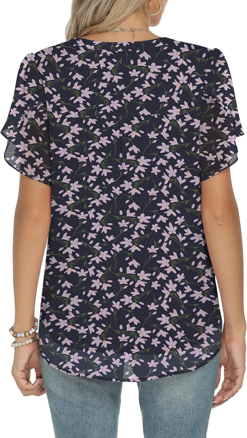 ANRABESS Womens Dressy Casual Blouses Chiffon V Neck Petal Short Sleeve Shirts 2025 Summer Business Work Tops