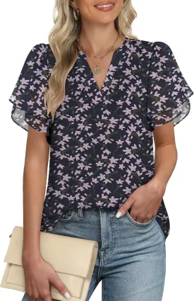 ANRABESS Womens Dressy Casual Blouses Chiffon V Neck Petal Short Sleeve Shirts 2025 Summer Business Work Tops