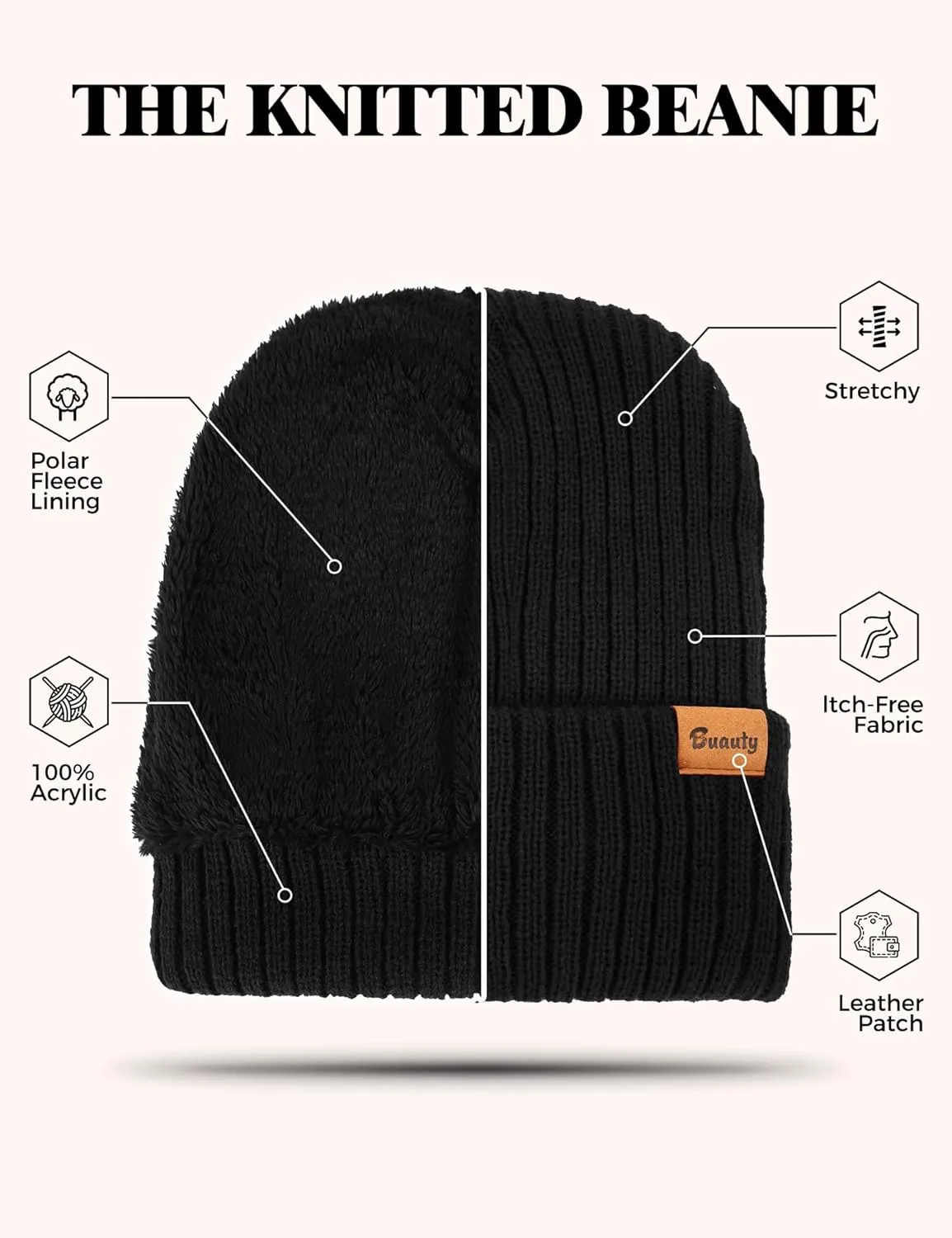 Beanie Hats for Men Women Fleece Winter Hat Chunky Knit Skull Stocking Caps for Guys Thermal Snow Hat Heated Cuffed Gift