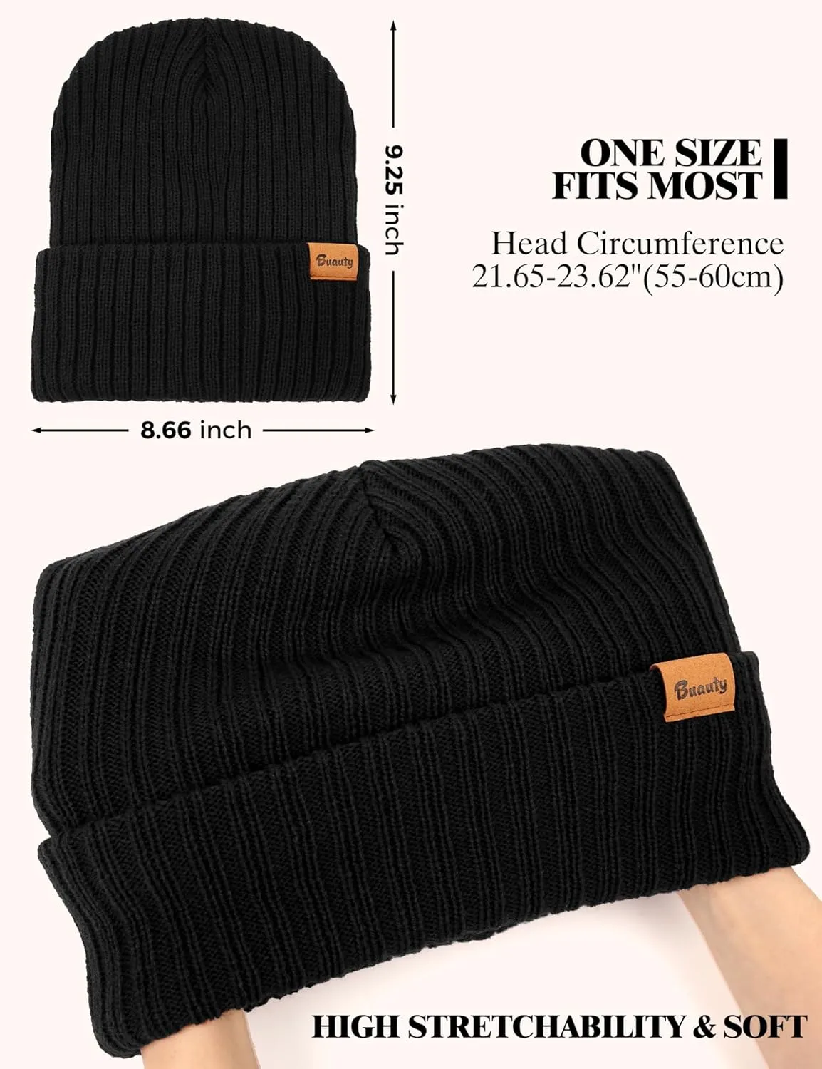 Beanie Hats for Men Women Fleece Winter Hat Chunky Knit Skull Stocking Caps for Guys Thermal Snow Hat Heated Cuffed Gift