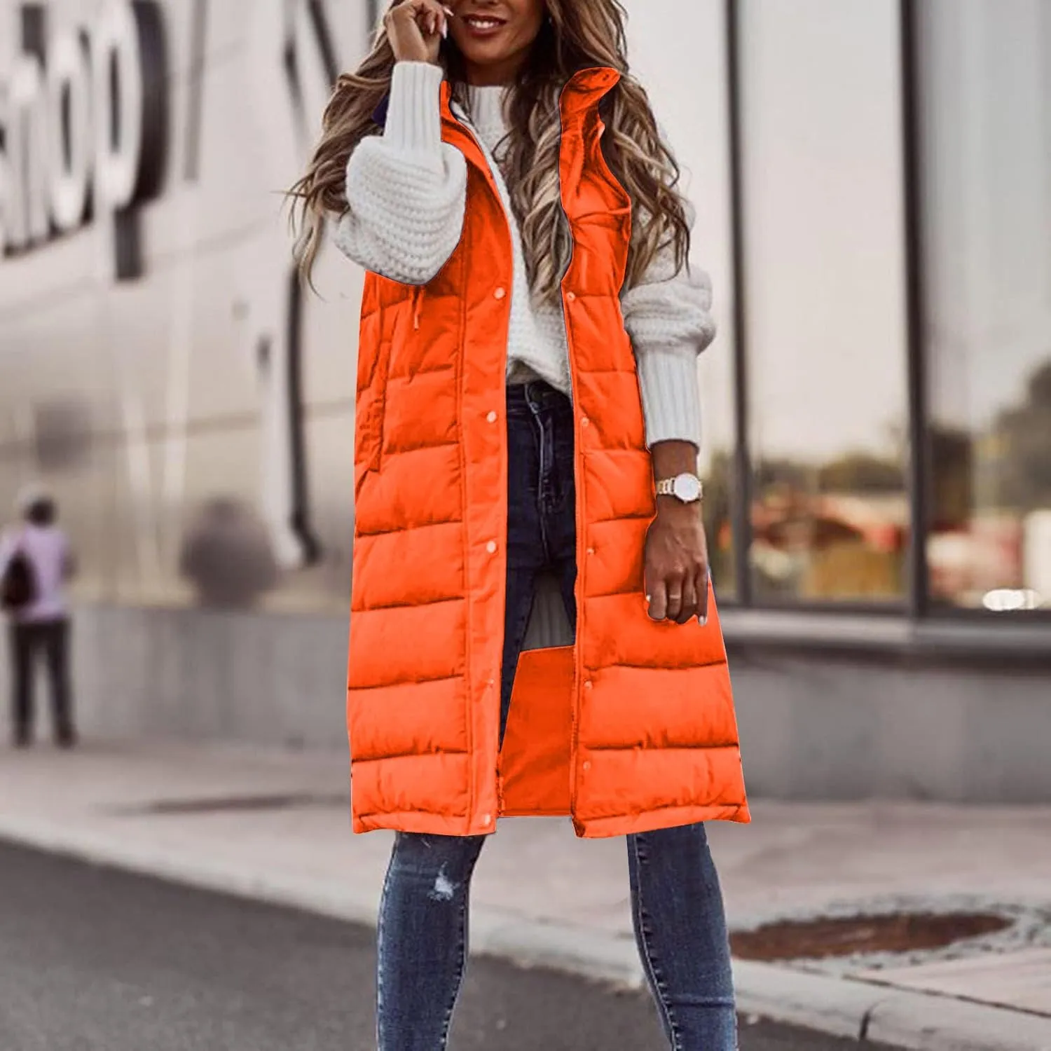 DDAPJ pyju Women's Long Puffer Vest Jacket Sleeveless Hoodies Zipper Side Quilted Coats Lightweight Padded Winter Down Coat