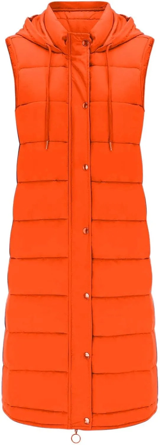 DDAPJ pyju Women's Long Puffer Vest Jacket Sleeveless Hoodies Zipper Side Quilted Coats Lightweight Padded Winter Down Coat