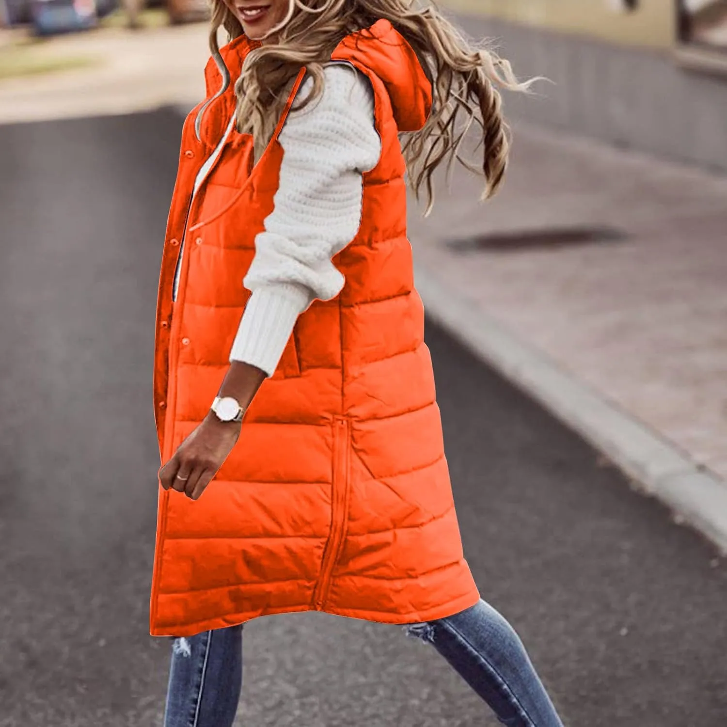 DDAPJ pyju Women's Long Puffer Vest Jacket Sleeveless Hoodies Zipper Side Quilted Coats Lightweight Padded Winter Down Coat
