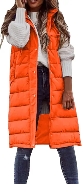 DDAPJ pyju Women's Long Puffer Vest Jacket Sleeveless Hoodies Zipper Side Quilted Coats Lightweight Padded Winter Down Coat