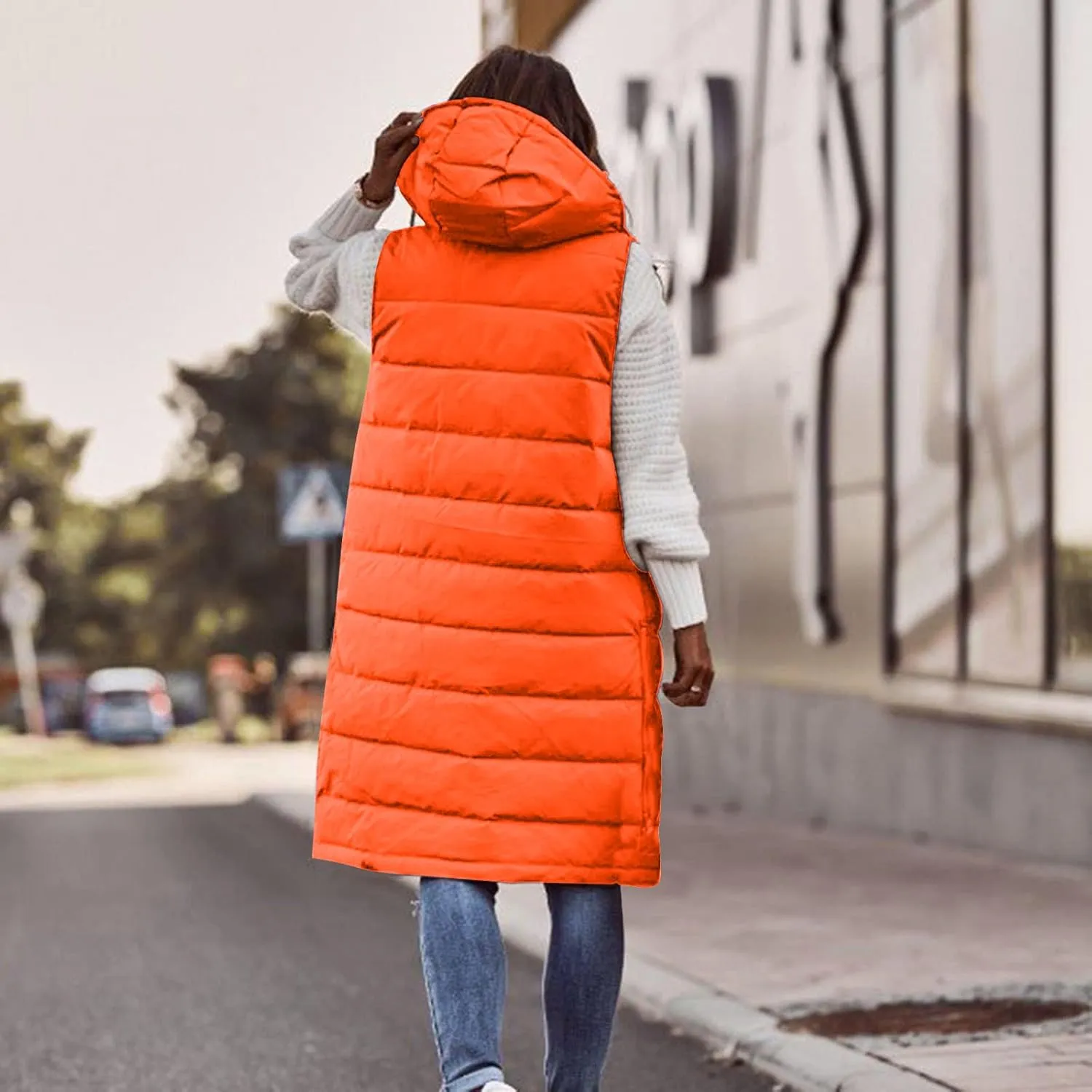DDAPJ pyju Women's Long Puffer Vest Jacket Sleeveless Hoodies Zipper Side Quilted Coats Lightweight Padded Winter Down Coat
