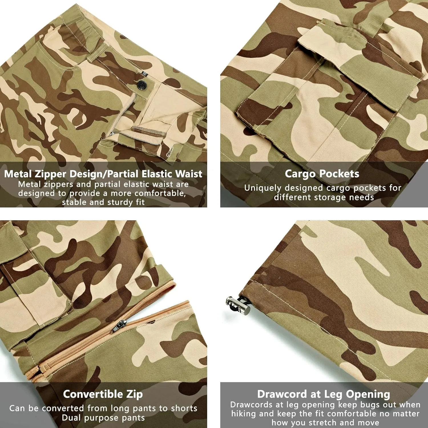 GINGTTO Mens Camo Cargo Pants Slim Hiking Pants for Men Convertible Joggers Zip Off Legs Waterproof
