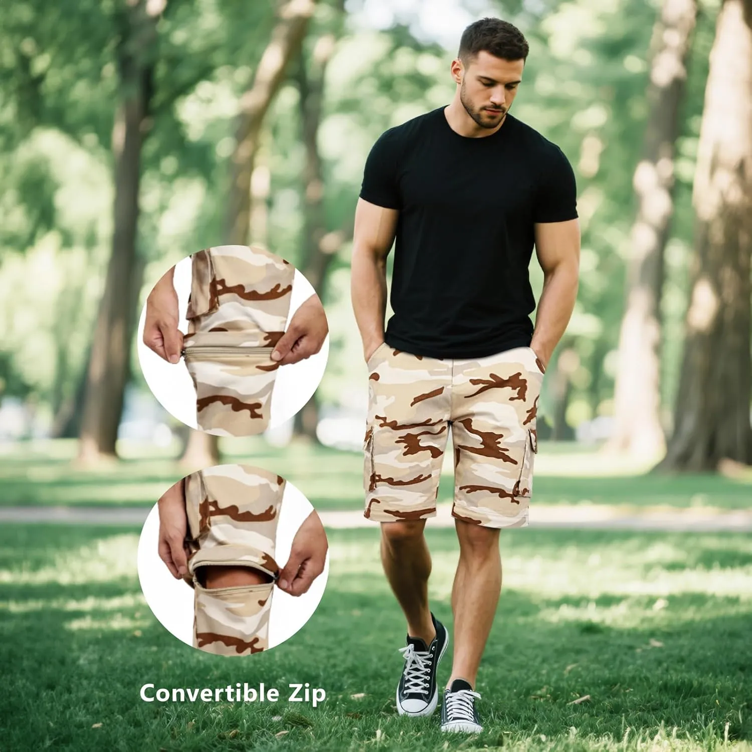 GINGTTO Mens Camo Cargo Pants Slim Hiking Pants for Men Convertible Joggers Zip Off Legs Waterproof