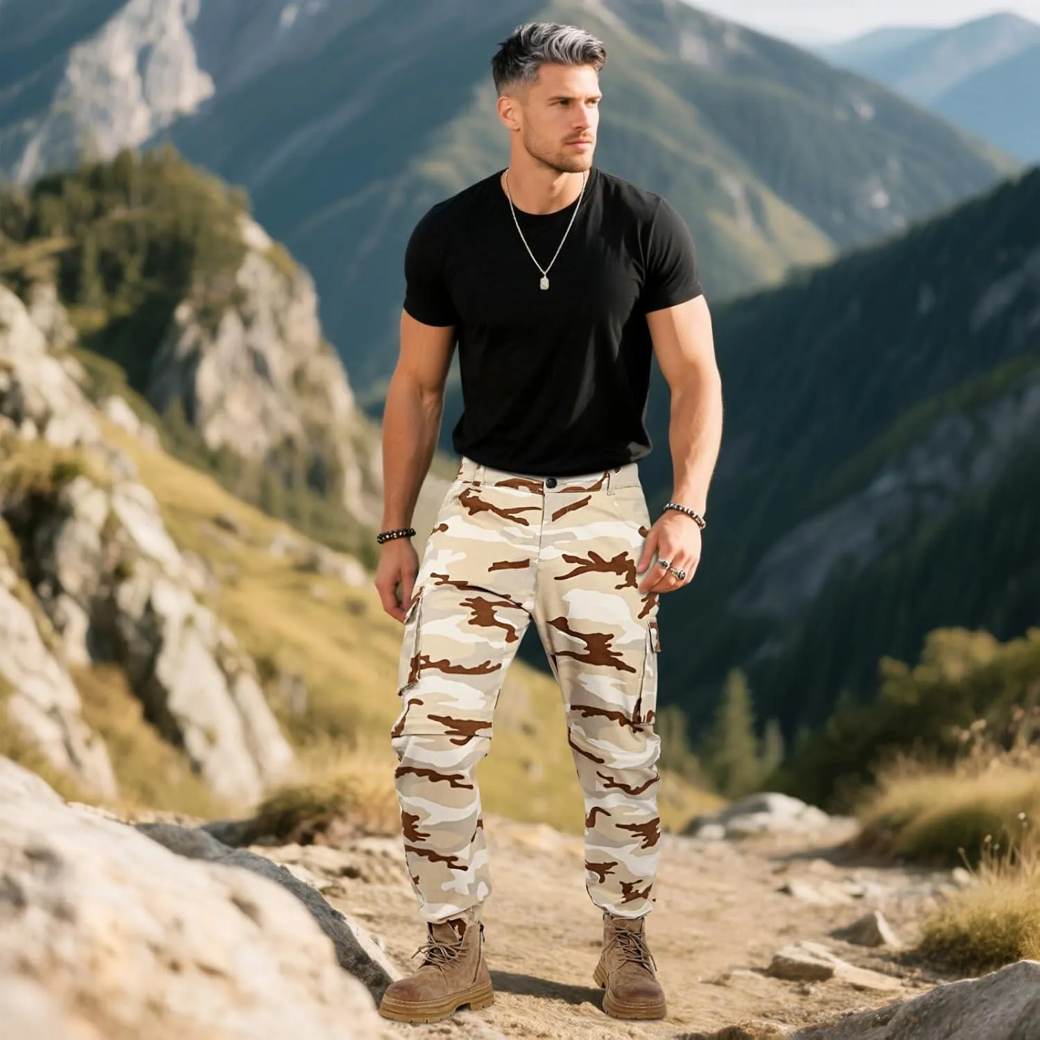 GINGTTO Mens Camo Cargo Pants Slim Hiking Pants for Men Convertible Joggers Zip Off Legs Waterproof