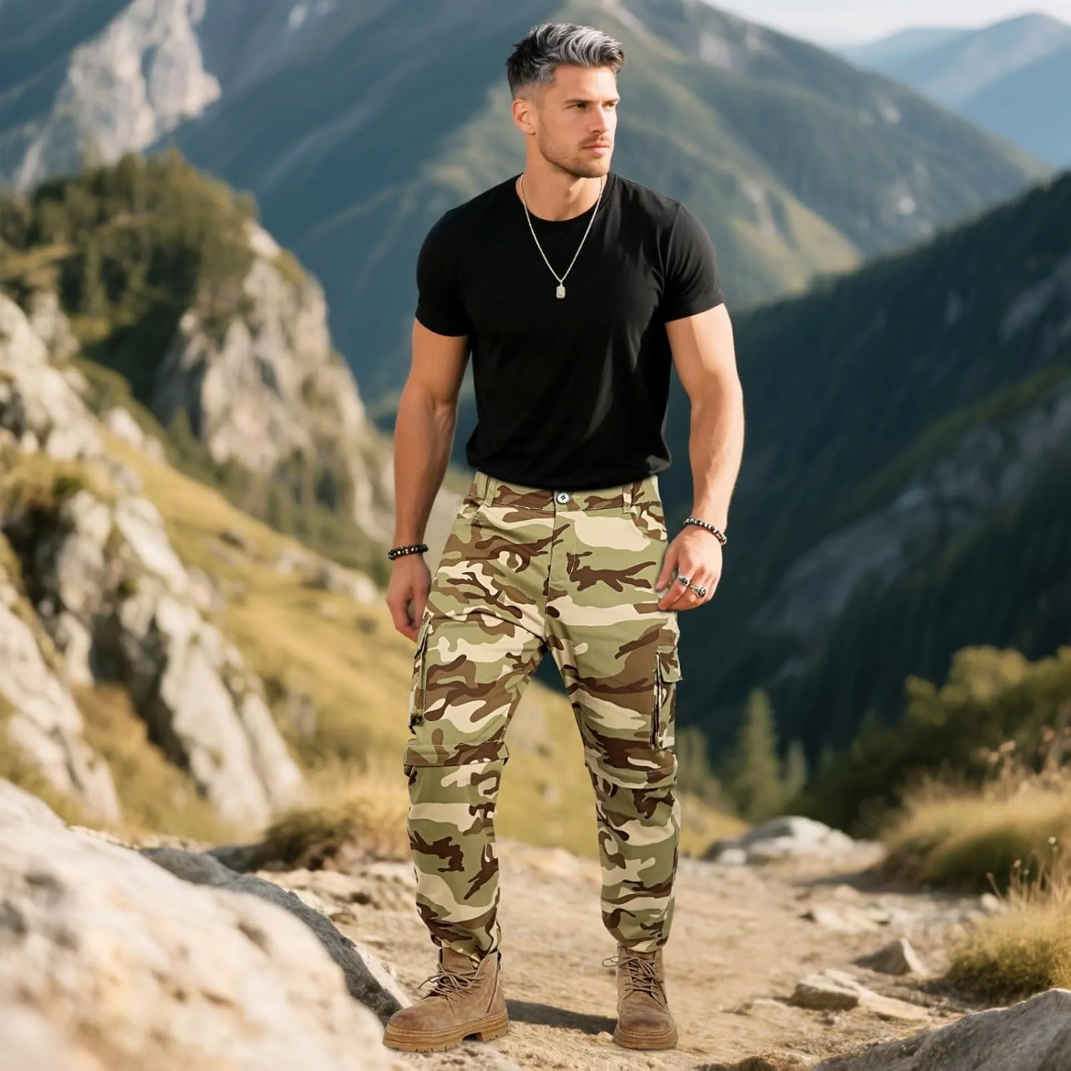 GINGTTO Mens Camo Cargo Pants Slim Hiking Pants for Men Convertible Joggers Zip Off Legs Waterproof