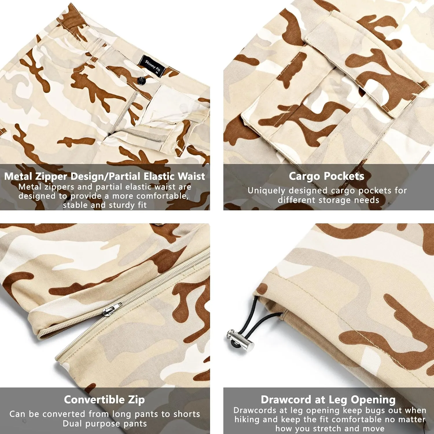 GINGTTO Mens Camo Cargo Pants Slim Hiking Pants for Men Convertible Joggers Zip Off Legs Waterproof