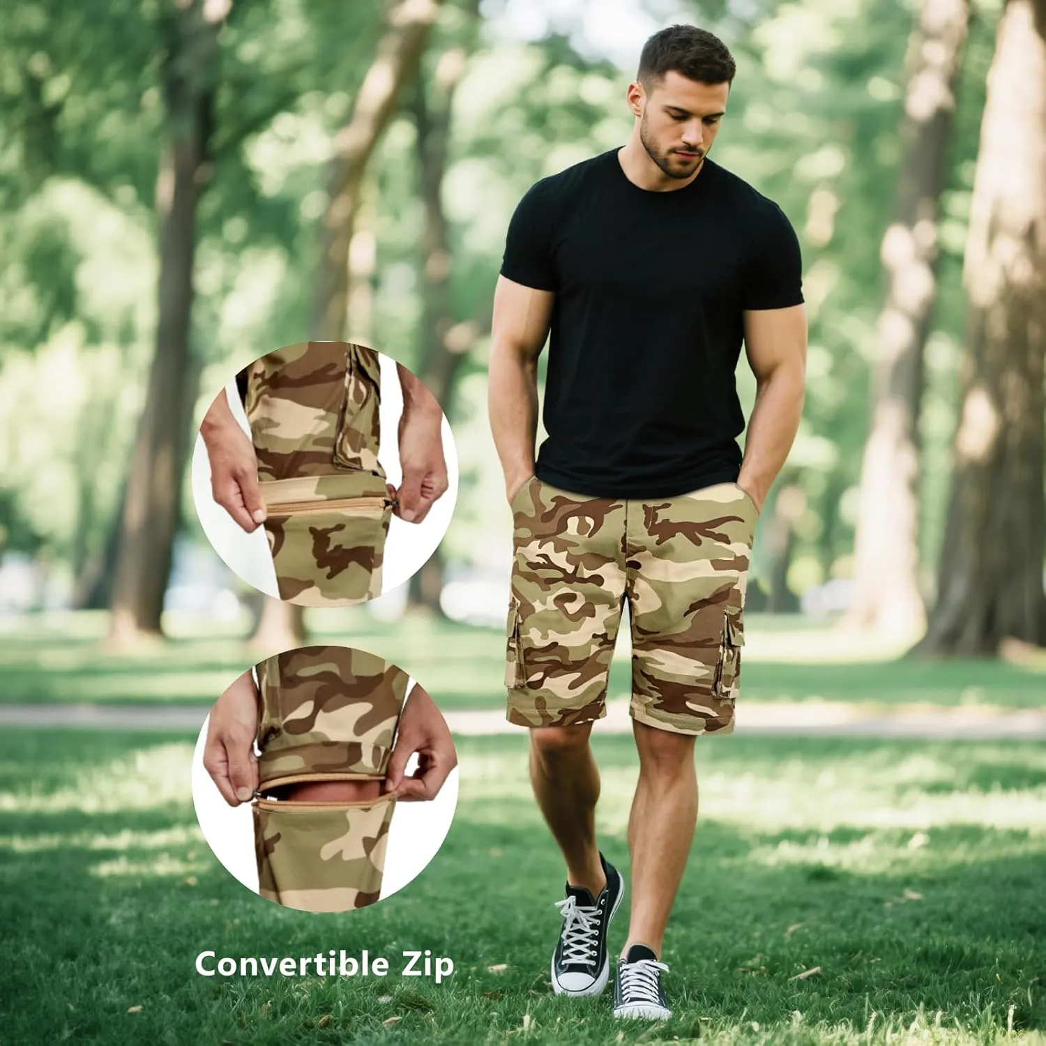 GINGTTO Mens Camo Cargo Pants Slim Hiking Pants for Men Convertible Joggers Zip Off Legs Waterproof