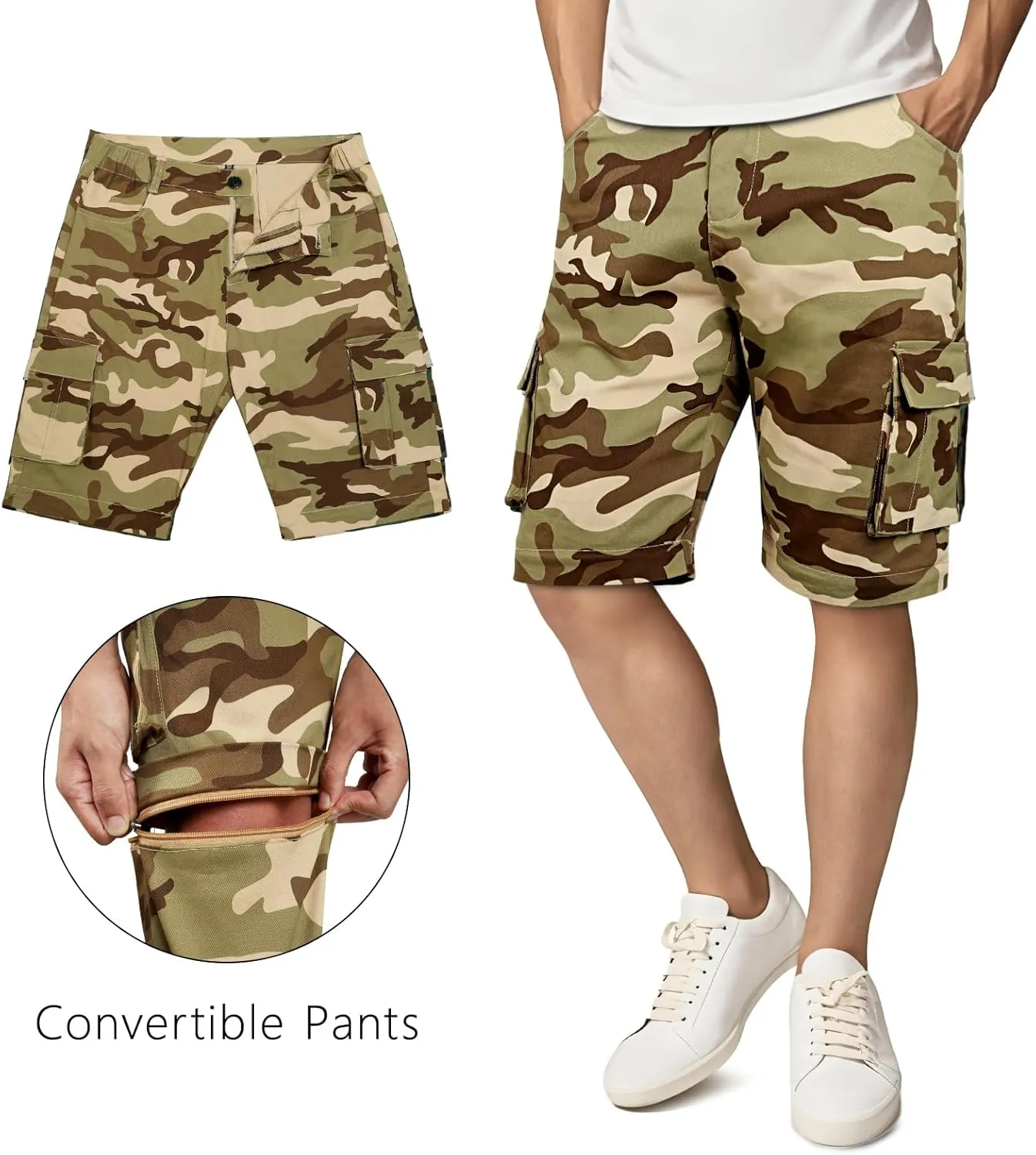 GINGTTO Mens Camo Cargo Pants Slim Hiking Pants for Men Convertible Joggers Zip Off Legs Waterproof