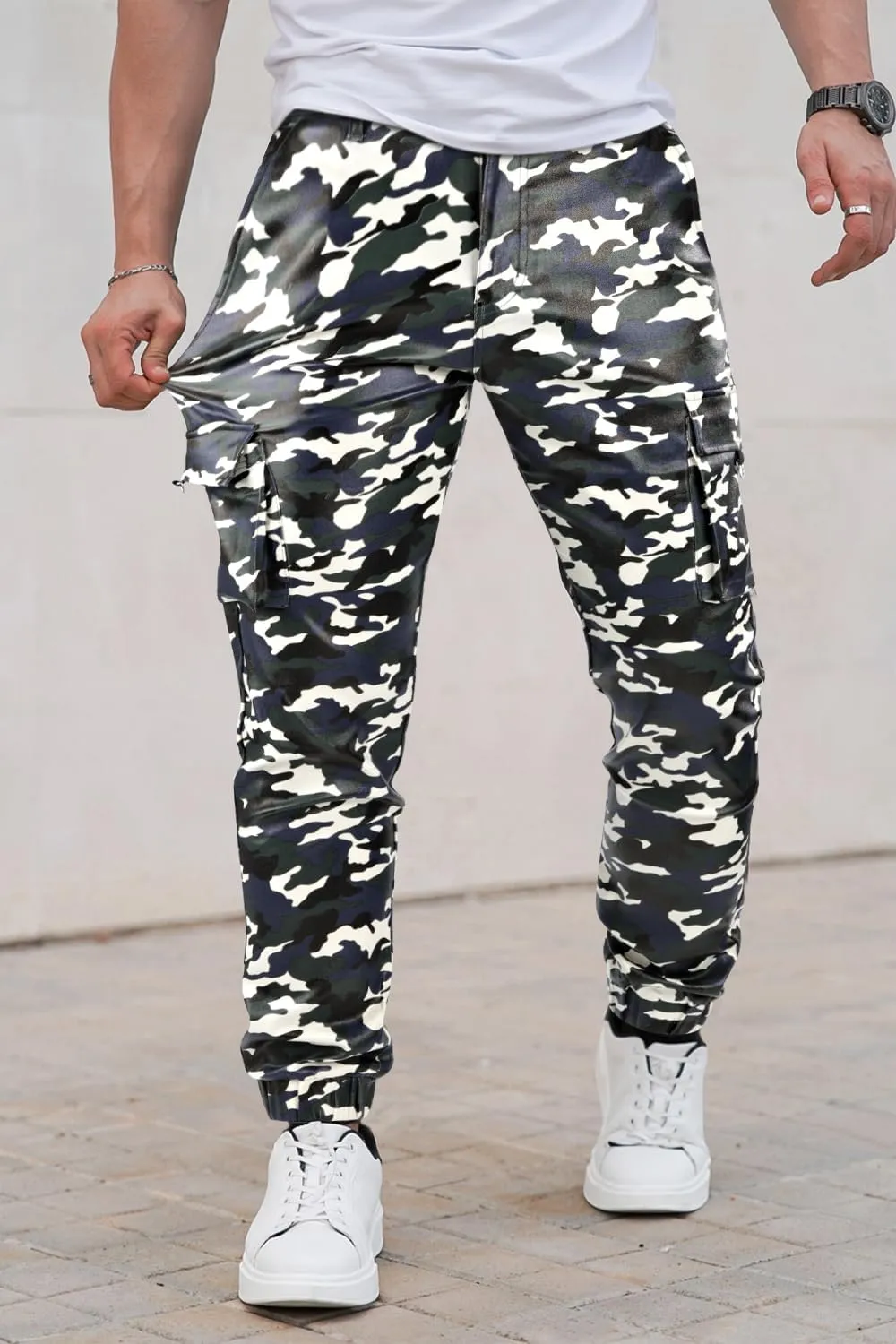 GINGTTO Mens Leather Camo Pants Slim Fit Cargo Biker Pants for Men