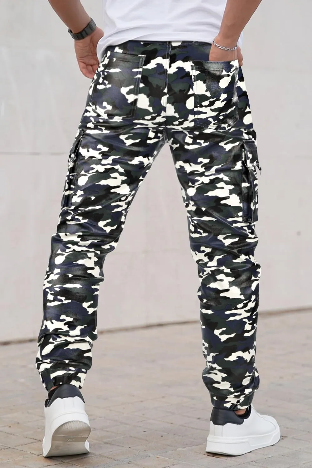 GINGTTO Mens Leather Camo Pants Slim Fit Cargo Biker Pants for Men