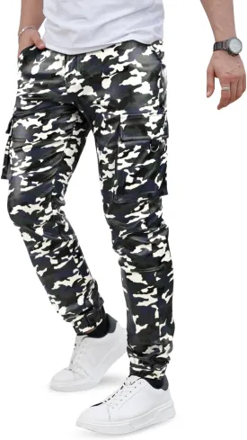 GINGTTO Mens Leather Camo Pants Slim Fit Cargo Biker Pants for Men