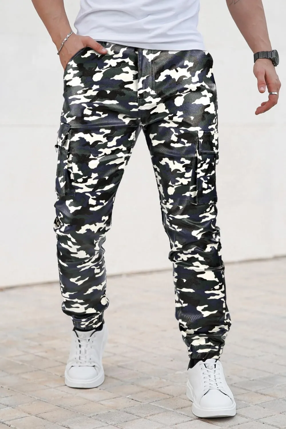 GINGTTO Mens Leather Camo Pants Slim Fit Cargo Biker Pants for Men