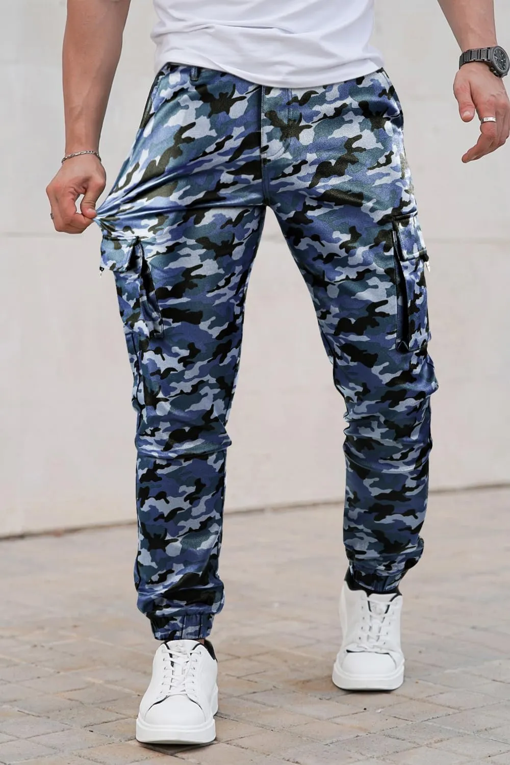 GINGTTO Mens Leather Camo Pants Slim Fit Cargo Biker Pants for Men