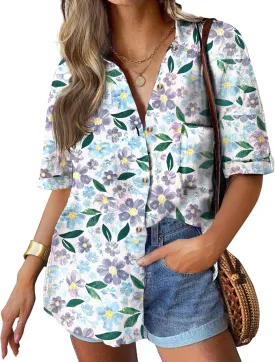 HOTOUCH Linen Shirts for Women Button Down Shirt Cotton Short Sleeve Loose Fit Blouse Collared Casual Work Tops S-XXL