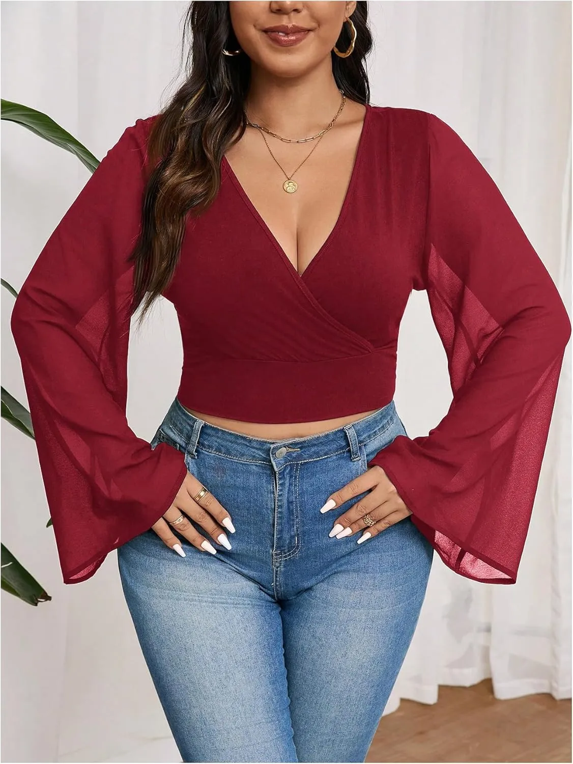 MakeMeChic Women's Plus Size Bell Sleeve Tee Shirt Deep V Neck Wrap Front Crop Tops