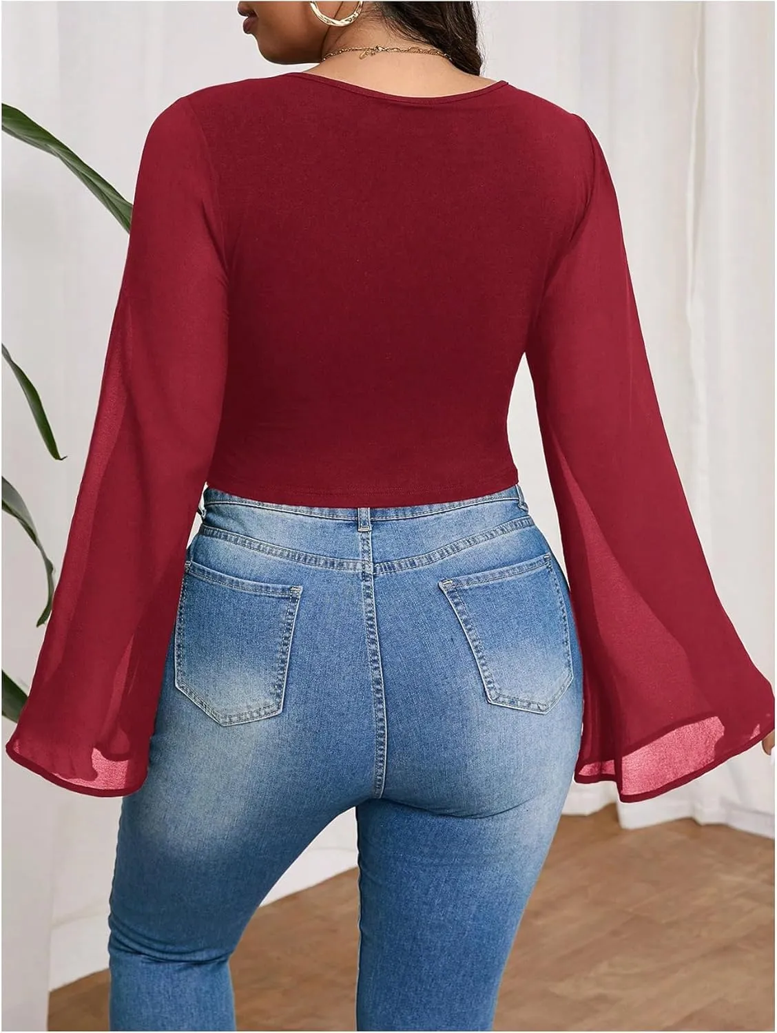 MakeMeChic Women's Plus Size Bell Sleeve Tee Shirt Deep V Neck Wrap Front Crop Tops