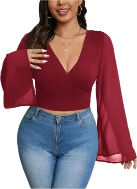 MakeMeChic Women's Plus Size Bell Sleeve Tee Shirt Deep V Neck Wrap Front Crop Tops