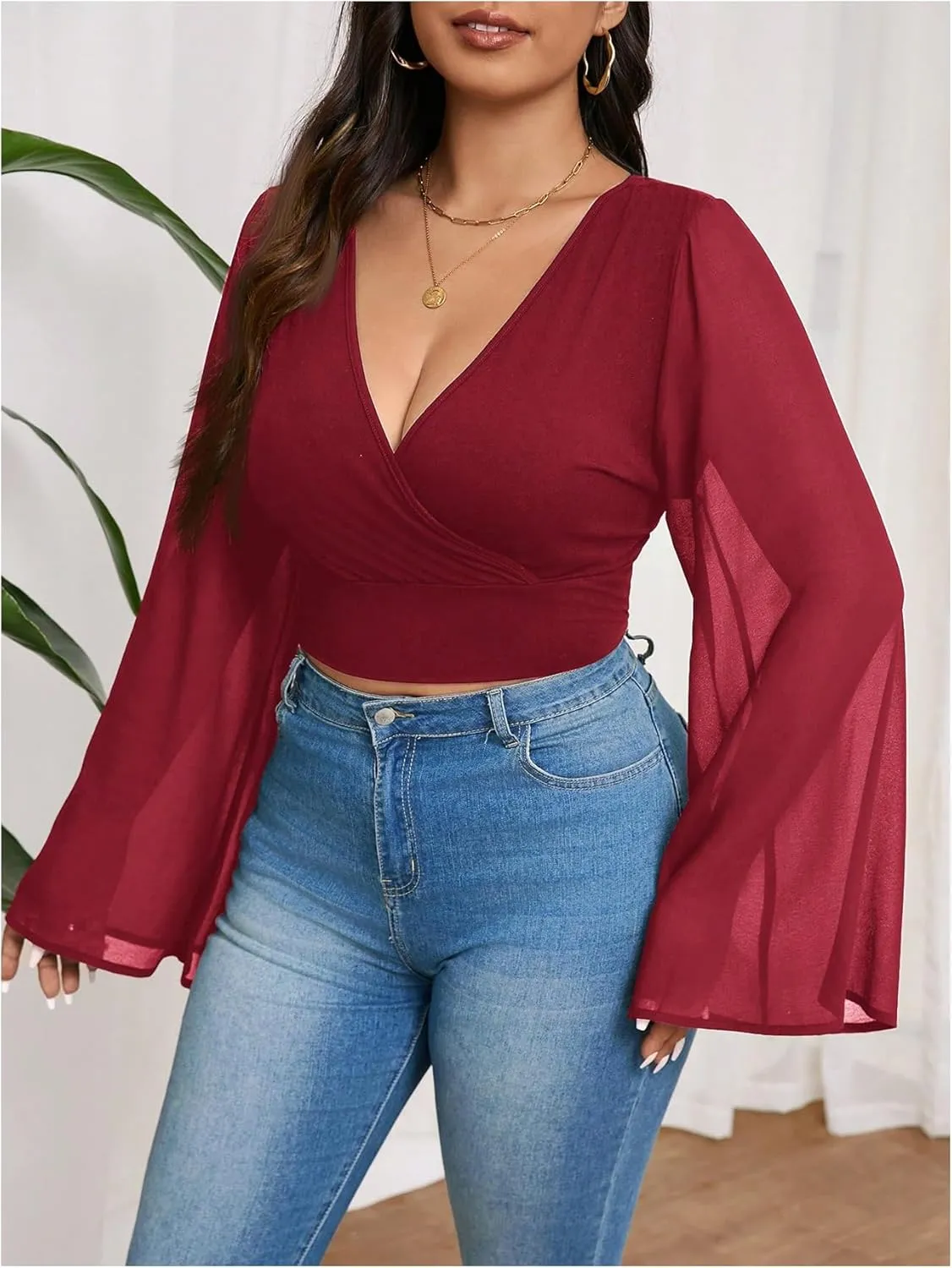 MakeMeChic Women's Plus Size Bell Sleeve Tee Shirt Deep V Neck Wrap Front Crop Tops