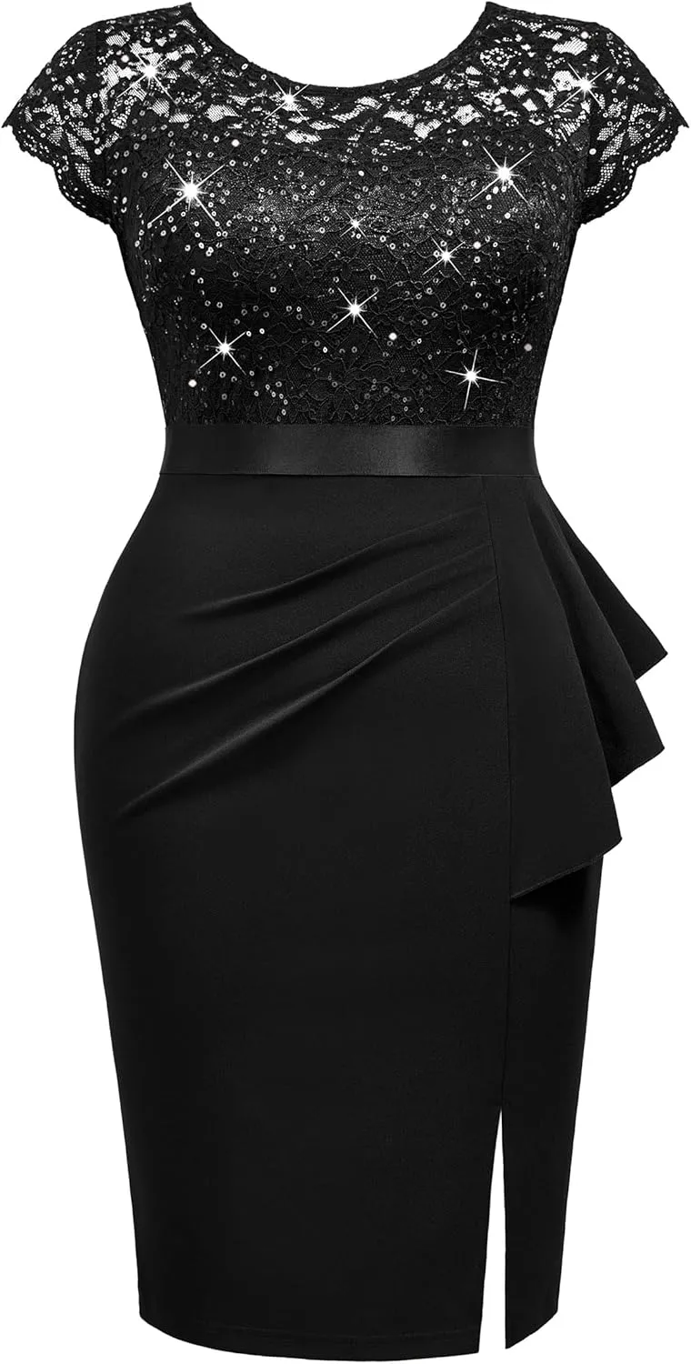 MISSMAY Women's Plus Size Sequin Floral Lace Ruffle Split Elegant Cocktail Party Dress