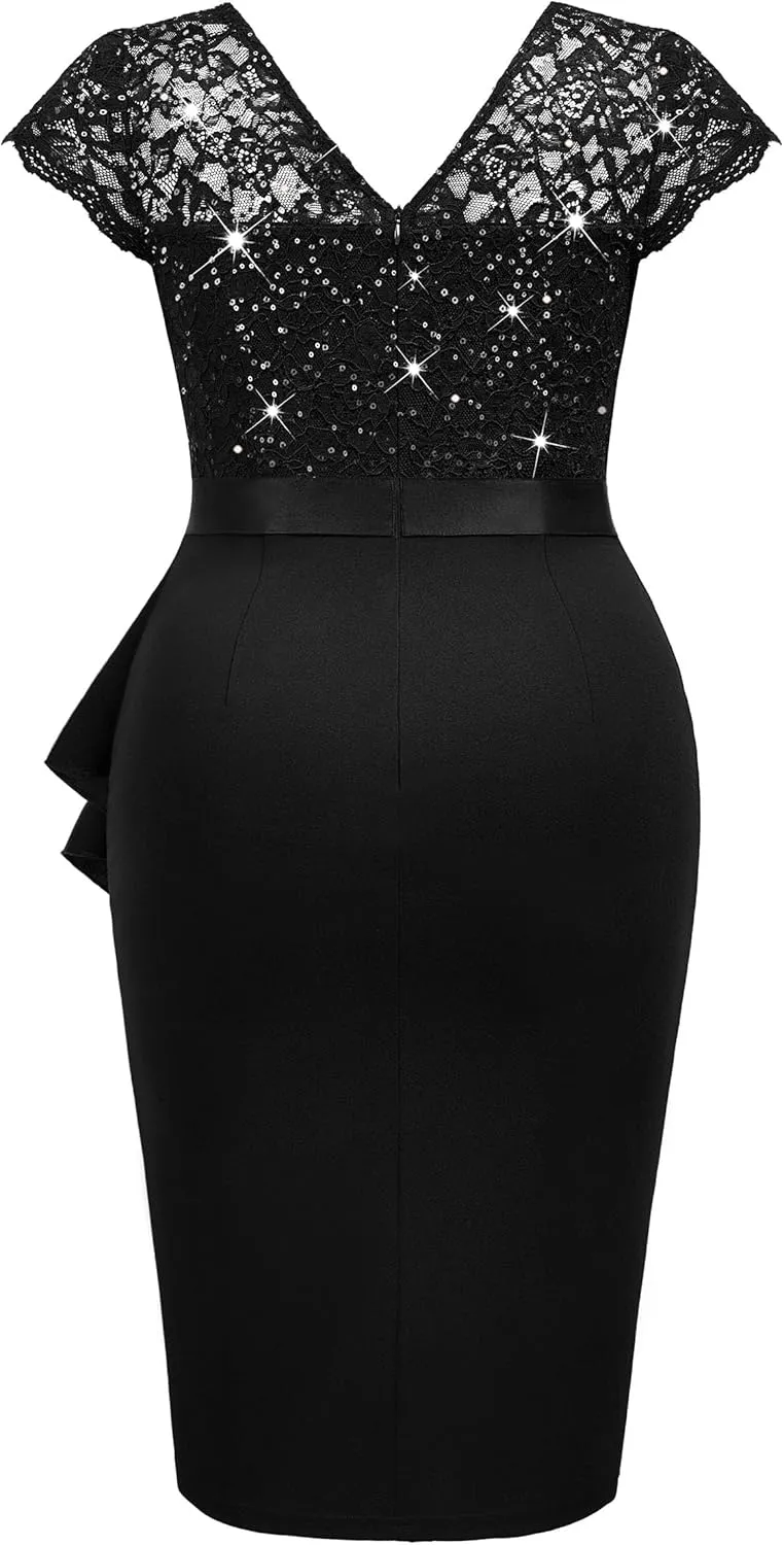 MISSMAY Women's Plus Size Sequin Floral Lace Ruffle Split Elegant Cocktail Party Dress