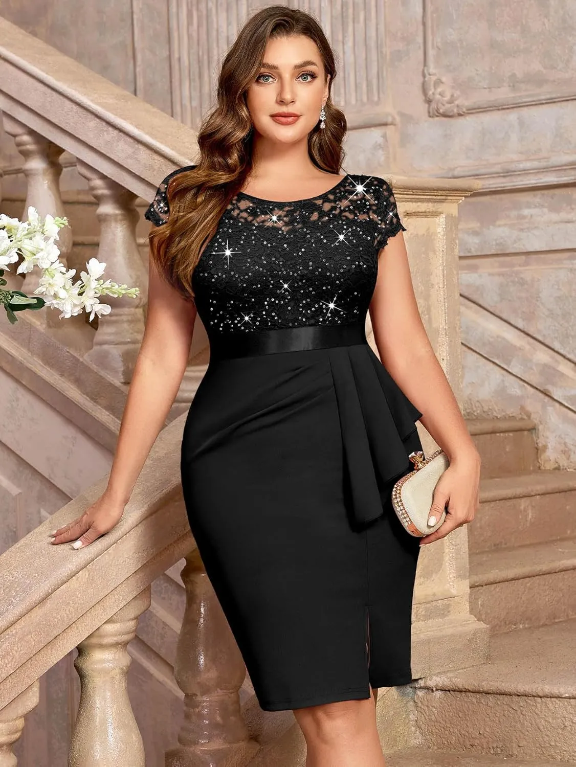 MISSMAY Women's Plus Size Sequin Floral Lace Ruffle Split Elegant Cocktail Party Dress