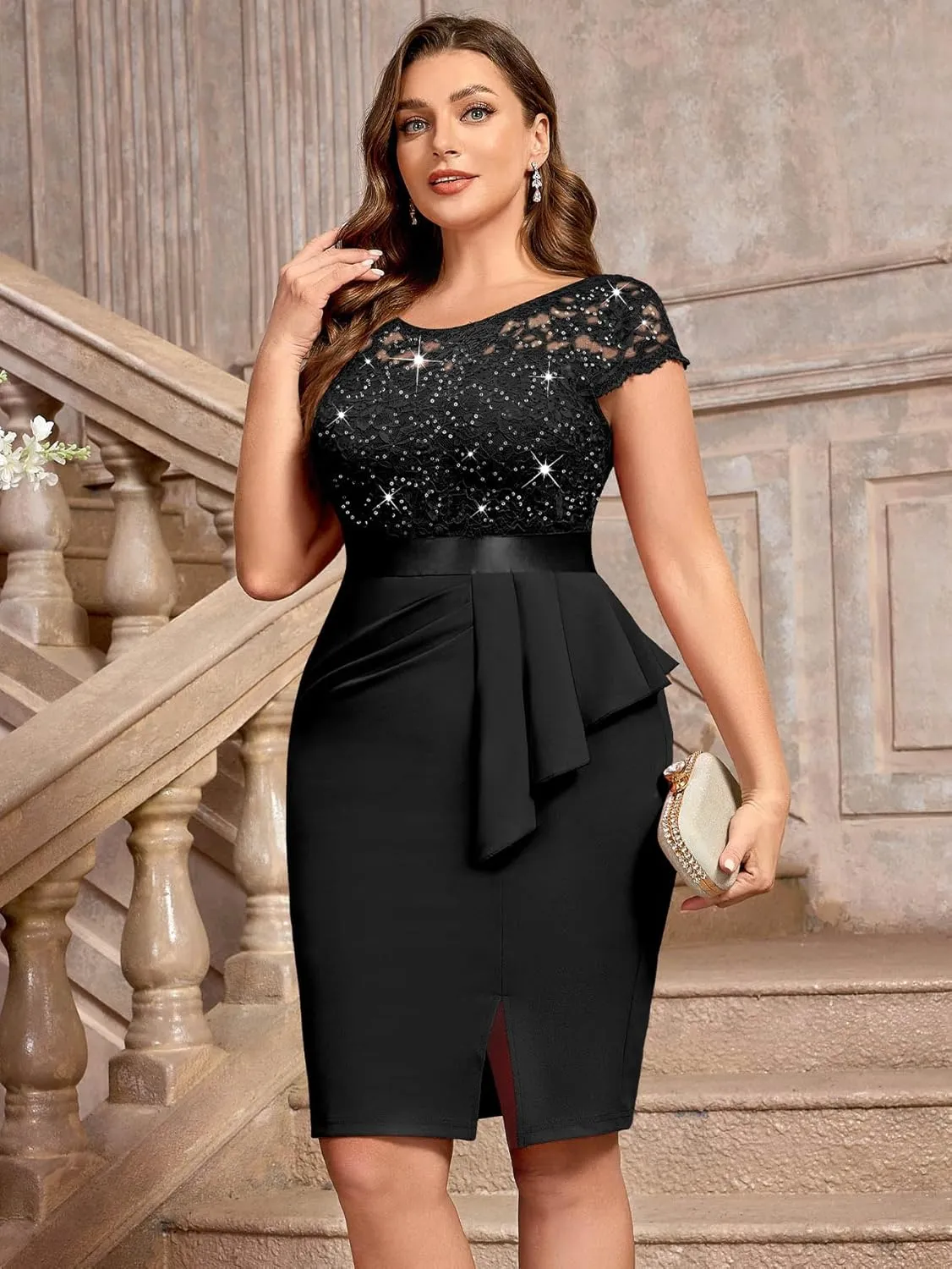 MISSMAY Women's Plus Size Sequin Floral Lace Ruffle Split Elegant Cocktail Party Dress