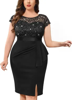 MISSMAY Women's Plus Size Sequin Floral Lace Ruffle Split Elegant Cocktail Party Dress