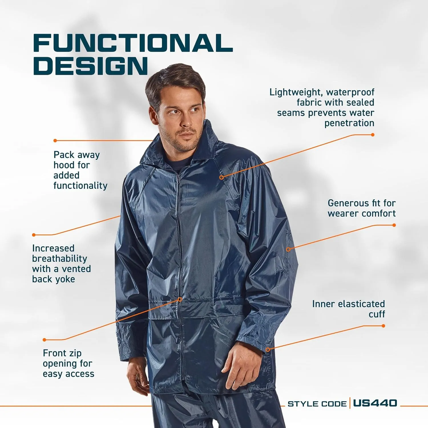 Portwest US440 Classic Waterproof Rain Jacket wth Pack Away Hood & Sealed Seams, Black, 3 XL