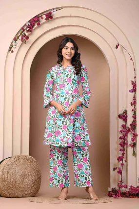 Pure Cotton Flower Print kurti Pant Set