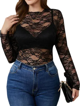 SHENHE Women's Plus Size Floral Lace Mesh Long Sleeve Sheer See Through Crop Top Sexy Blouse Rave Festival
