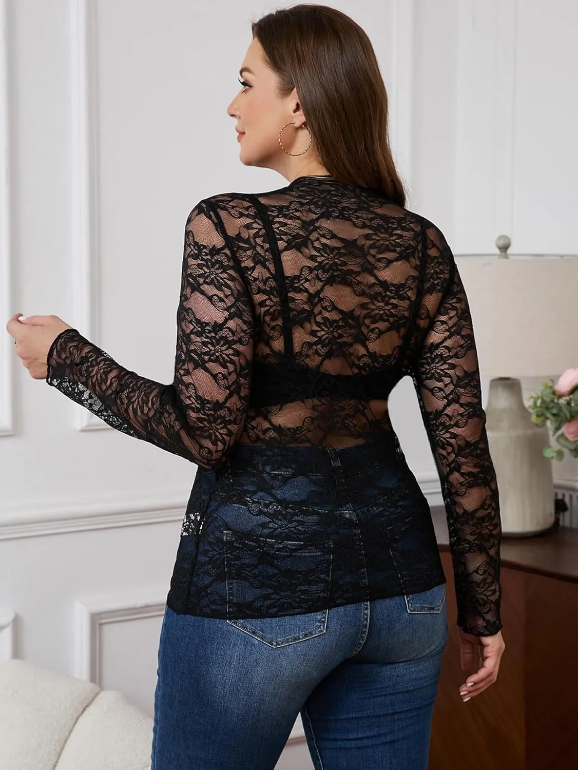 SHENHE Women's Plus Size Floral Lace Mesh Long Sleeve Sheer See Through Crop Top Sexy Blouse Rave Festival