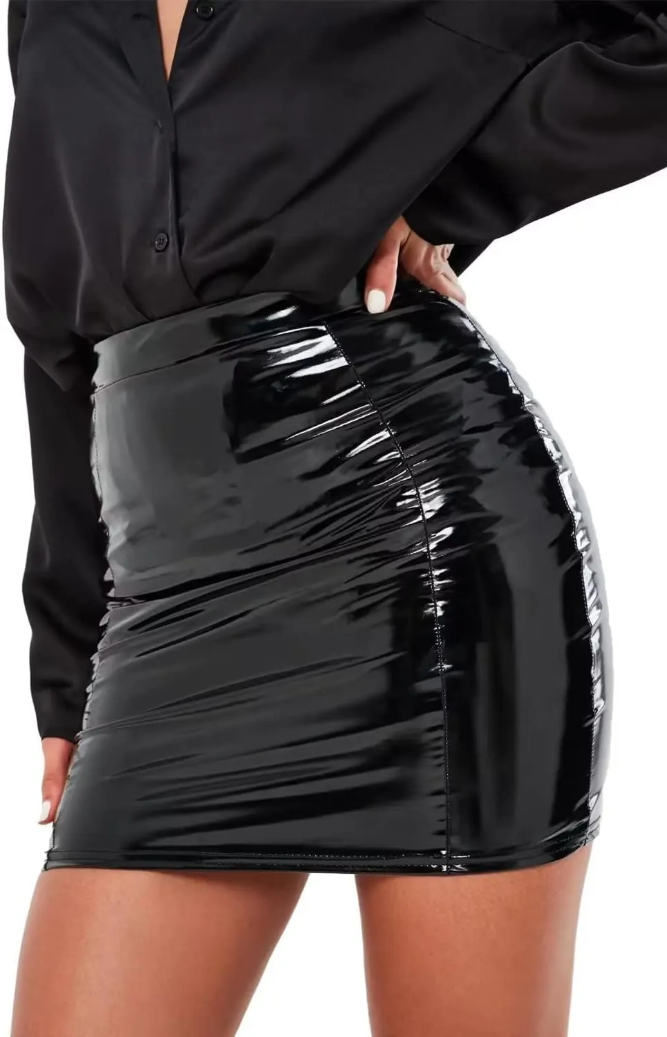 Womens High Waist Latex Leather PVC Midi Skirt Elegant Slit Office Lady Pencil Skirt Pu Knee Length Skirt