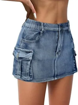 Zando Low Waist Denim Cargo Skirt Bodycon Jean Skirt for Women Flap Pockets Skirts for Women Button Denim Mini Skirt Y2K Denim Skirts Low Rise Jean Skirts Medium Wash Small